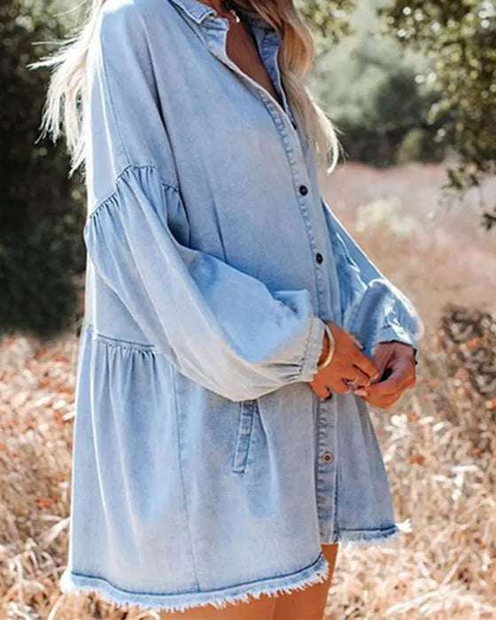 Blus Bubbel Ärm Knapp Casual