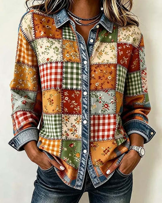 Topp Krage Rutigt Denim Patchwork