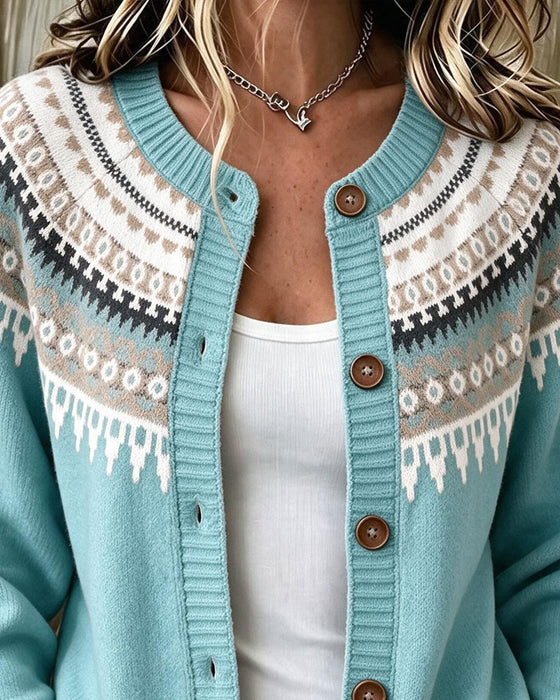 Mönstrad Cardigan Med Långa Ärmar Och Knappar