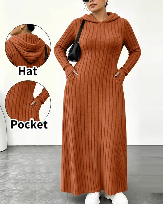 Klänning Huvtröja Ficka Ribbad Figurnära