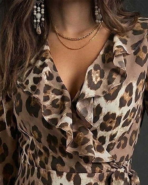 Blus V-Hals Ruffle Leopard