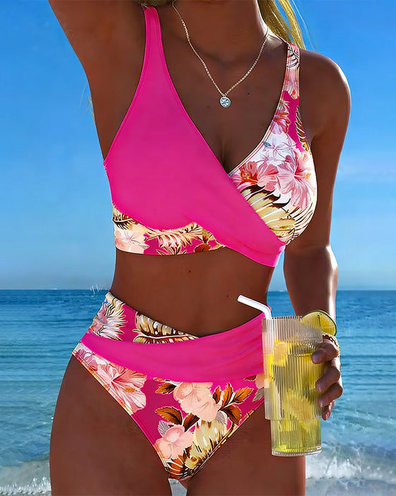 Bikini Kontrast Blommig Delad