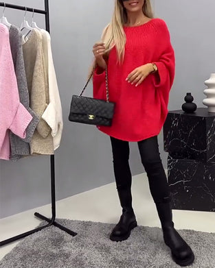 Moderiktig enfärgad fladdermusärmad tröja med rund hals