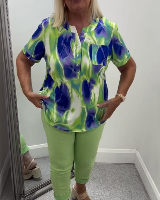 Blus Henley Hals Ombre Tryck Kort Ärm Ficka
