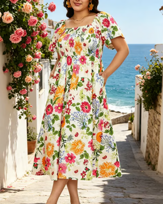 Klänning Fyrkantig Hals Stor Blommig Midi
