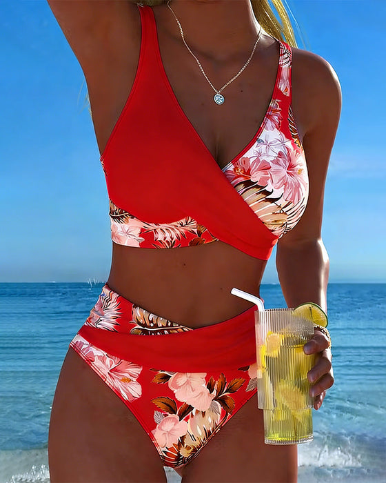 Bikini Kontrast Blommig Delad