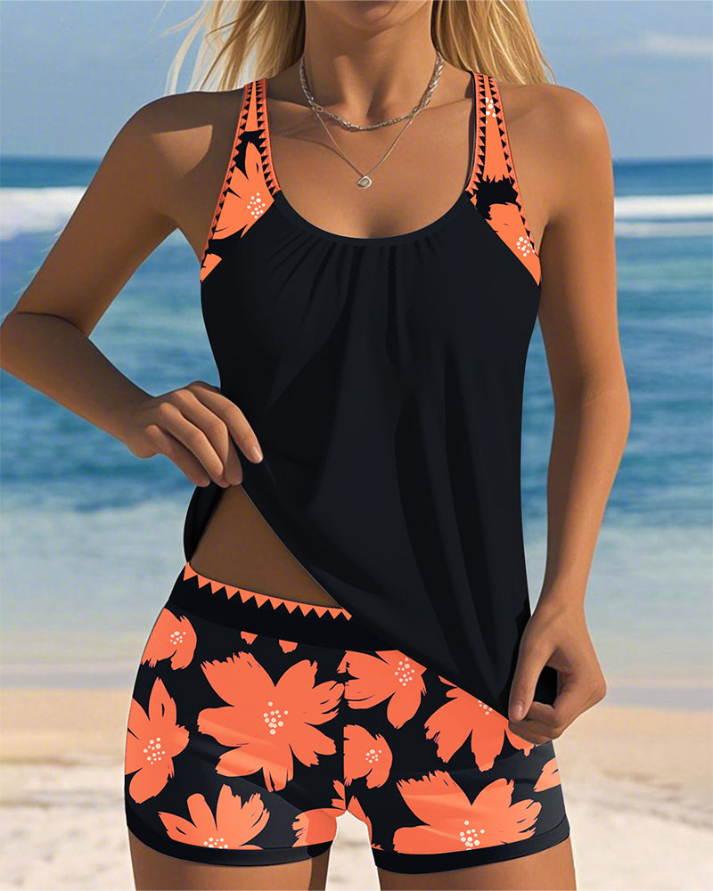 Tankini U-Hals Ärmlös Tryckt Boxertrosa