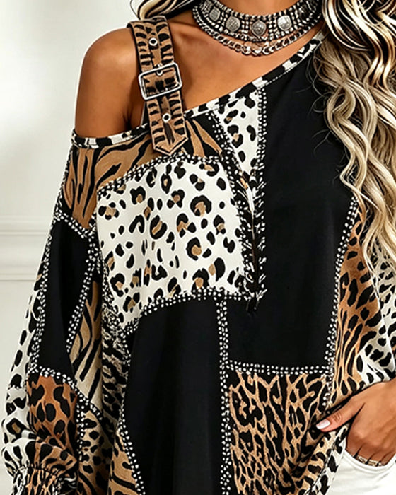 Blus Leopard Tryck Patchwork Asymmetrisk Hals Lång Ärm