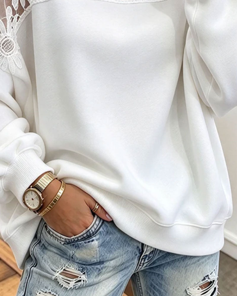 Sweatshirt Rund Halsringning Solros Spets Patchwork