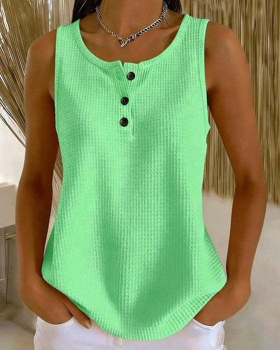 Tank Top Rundhalsad Ärmlös Våffla Knapp