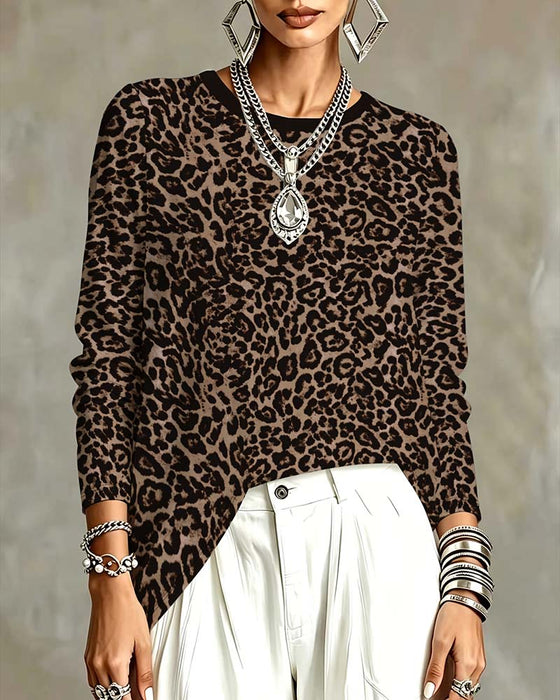 Topp Leopard Lång Ärm Rundhalsad