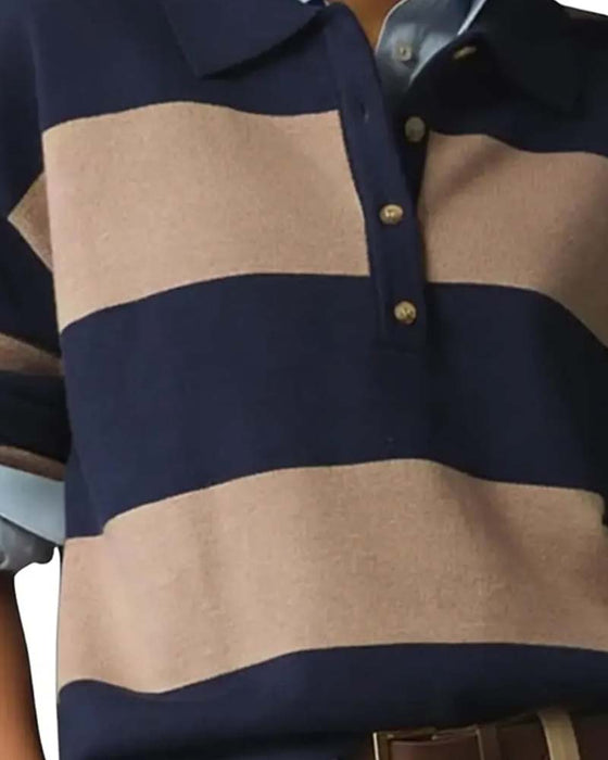Pullover Med Bred Randig Knappad Krage