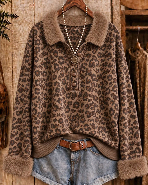 Sweatshirt Slag Knäppt Leopard Tryck Långärmad