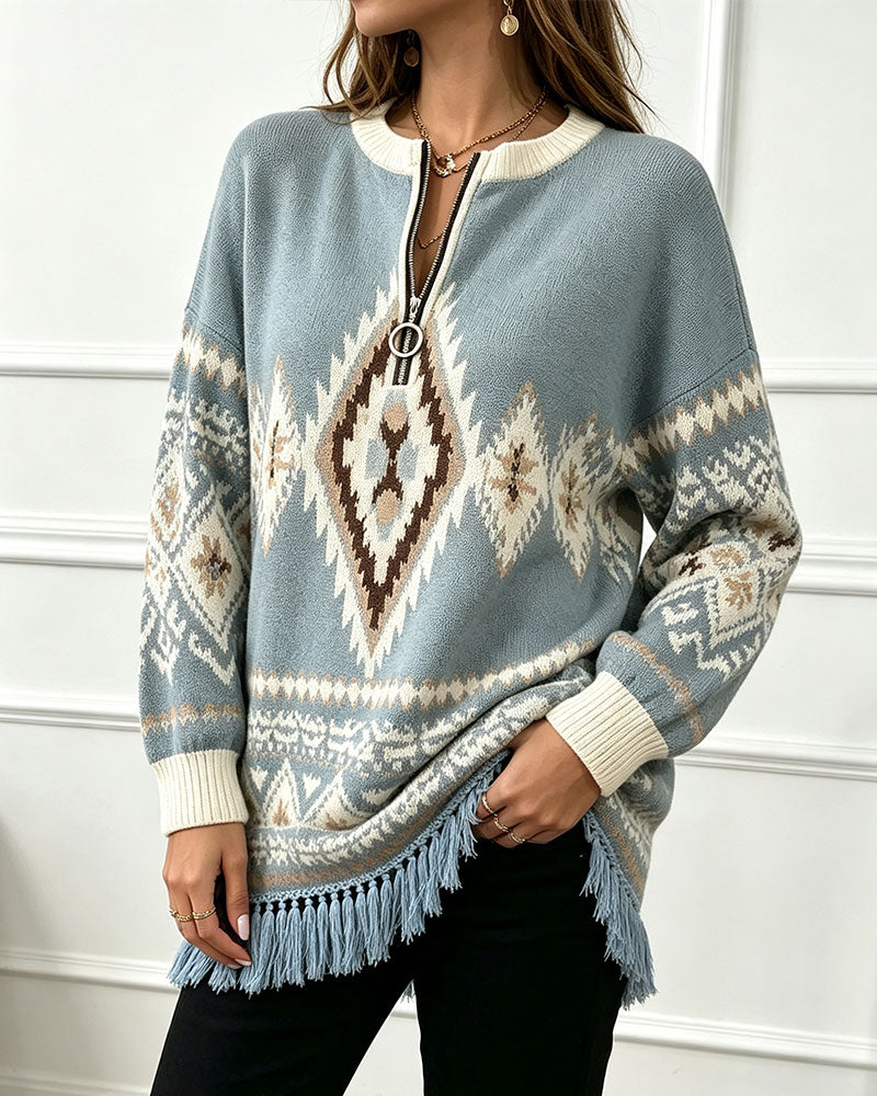 Tröja Geometrisk Jacquard Halv-Zip Fransig Kant
