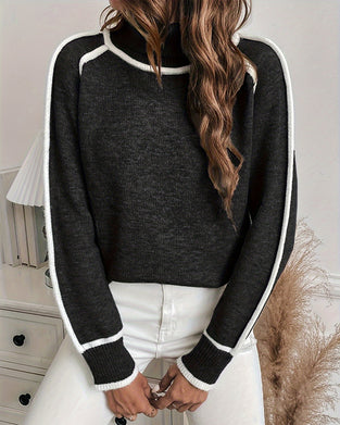 Turtleneck kontrastfärg enkel pullover tröja