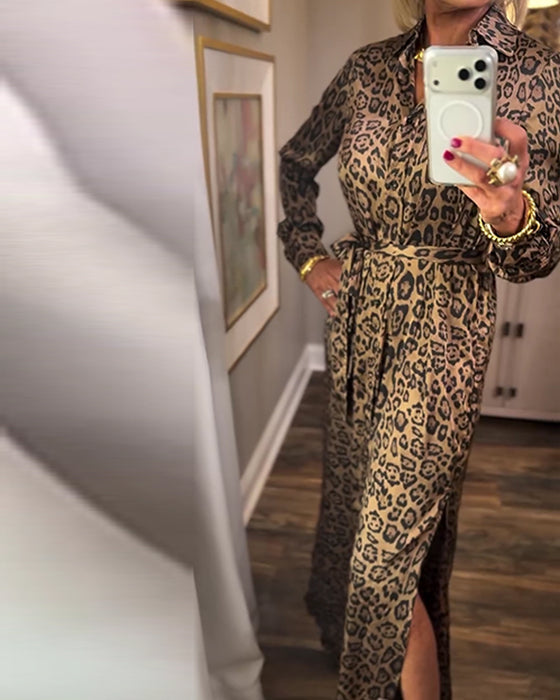 Klänning Leopard Tryck Splitt Lång Ärm