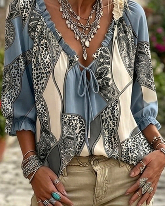 Blus V-Hals Leopard Puffärm Knyt