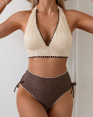 Bikini Tvådelat Set Med Halterhals och Kontrastfärg Design