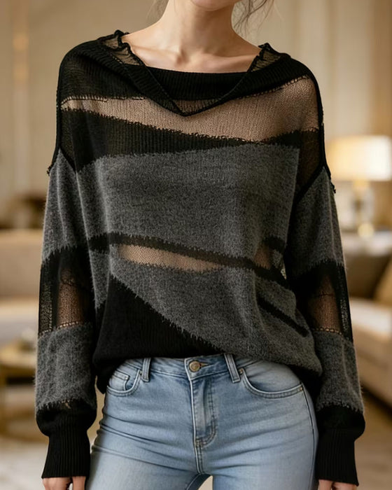 Pullover Kontrastfärg Genomskinlig Långärmad Tröja
