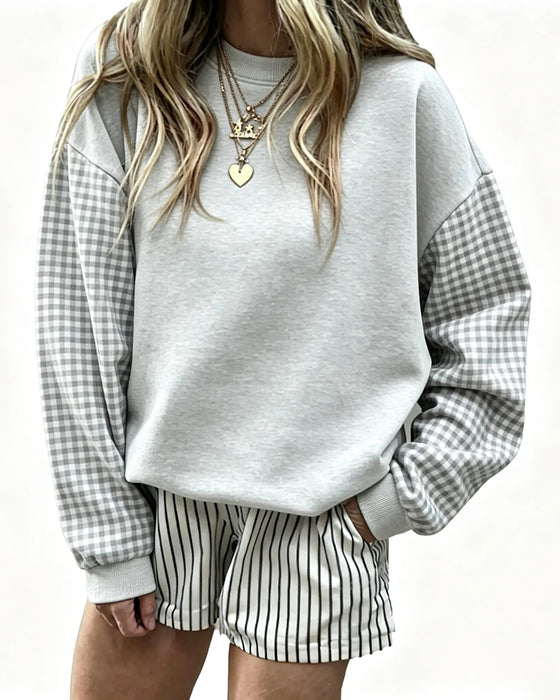 Sweatshirt Rundhalsad Rutig Lapptäcke Enfärgad