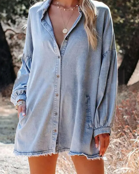 Blus Bubbel Ärm Knapp Casual