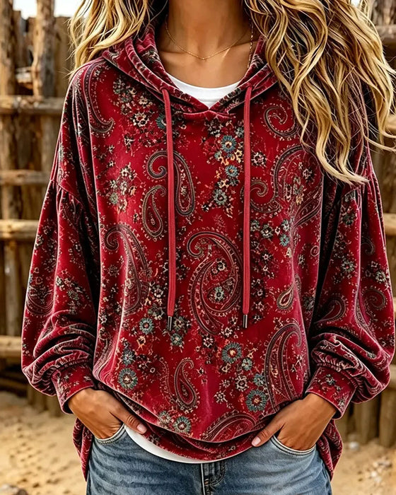 Hoodie Paisley Tryck Sammet