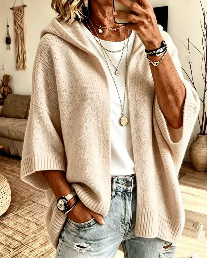 Cardigan 3/4 Ärm Huva Casual