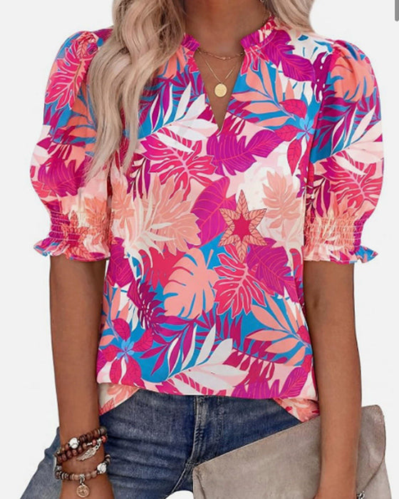 Blus Blommig Puff Kort Ärm