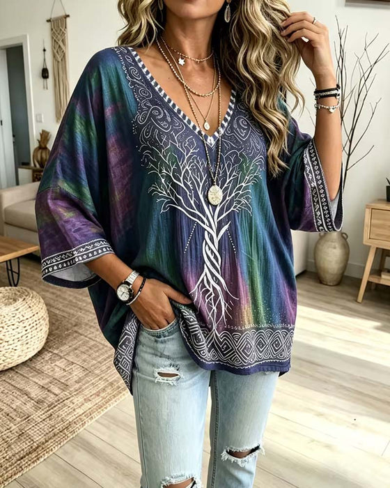 Blus V-Hals Ombre Färgblock