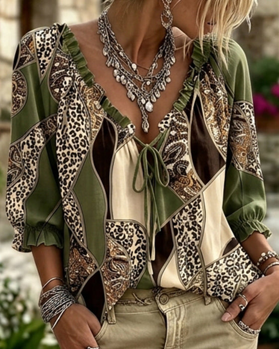 Blus V-Hals Leopard Puffärm Knyt
