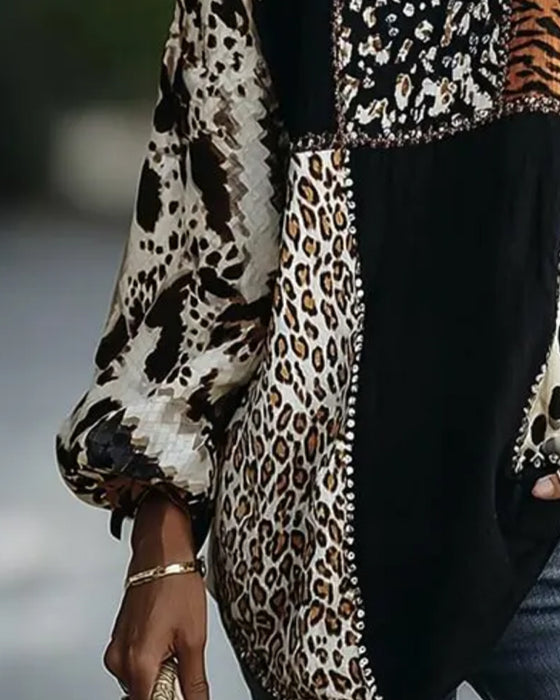 Blus Rundhals Leopard Tiger Tryck Kontrast