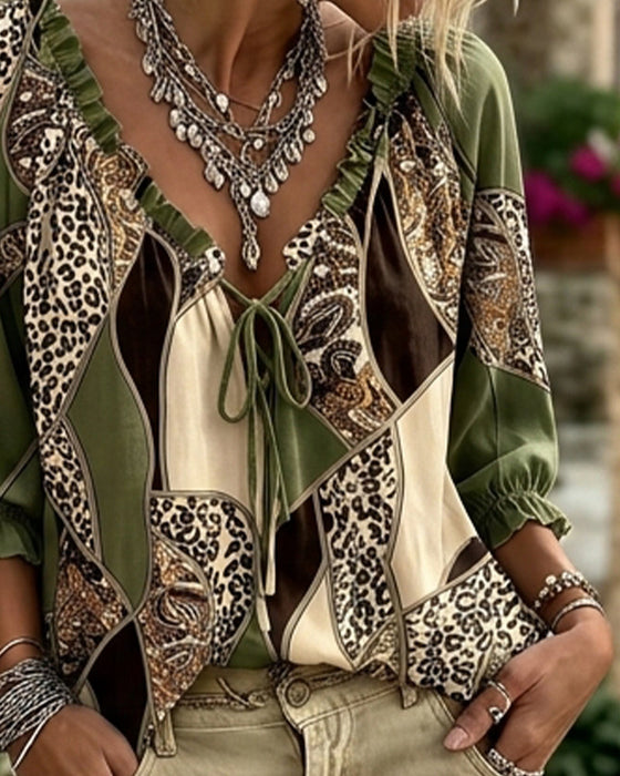 Blus V-Hals Leopard Puffärm Knyt