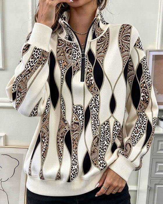 Sweatshirt Geometrisk Paisley Halv Dragkedja Ståndkrage