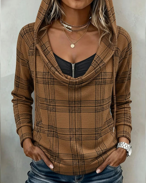 Topp Rutig Mock Layered Turtleneck Hoodie