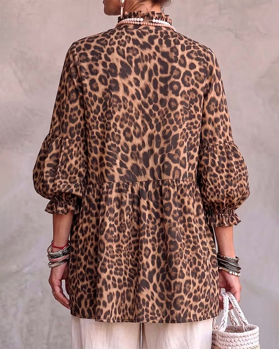 Topp Leopard Tryck Rynkning Trim Knapp
