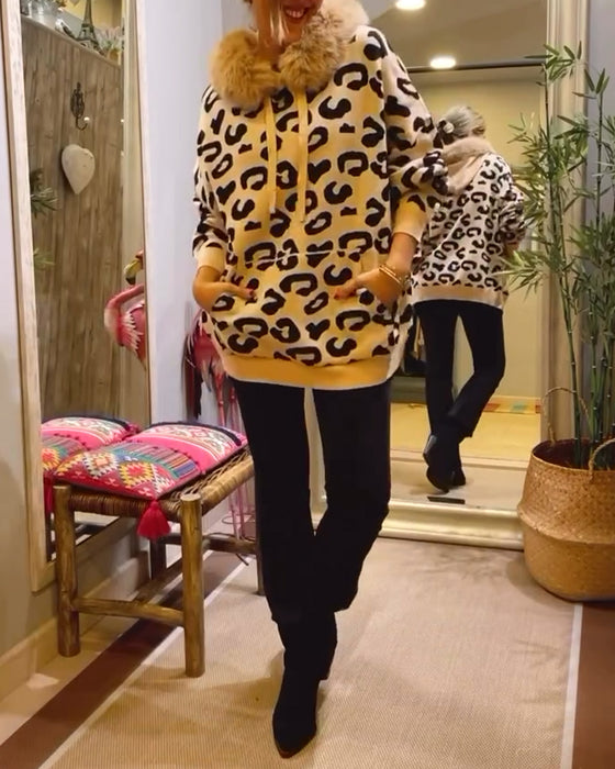 Leopardmönstrad långärmad elegant huvtröja