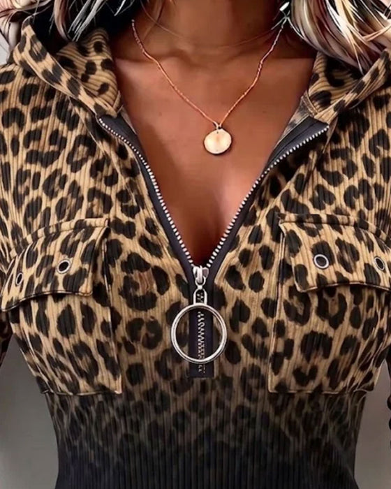 Topp Huvförsedd Dragkedja Leopard Gradient