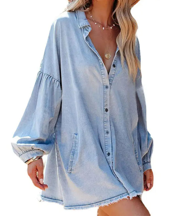 Blus Bubbel Ärm Knapp Casual