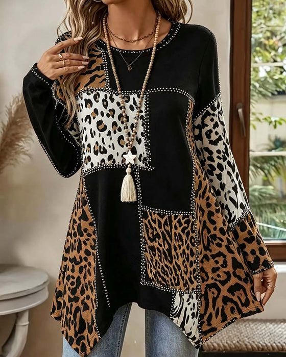 Blus Leopard Tryck Patchwork Oregelbunden