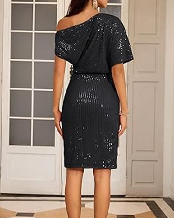 V-ringad off-shoulder paljett elegant klänning