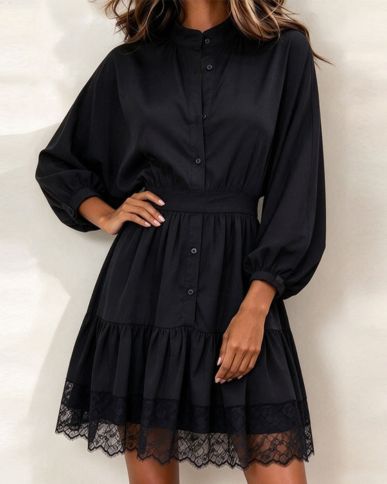 Klänning Ståkrage Lyktaärm Spets Patchwork