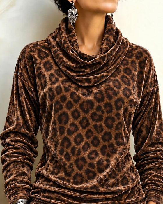 Topp Leopardmönster Rullkrage Sammet Långärmad