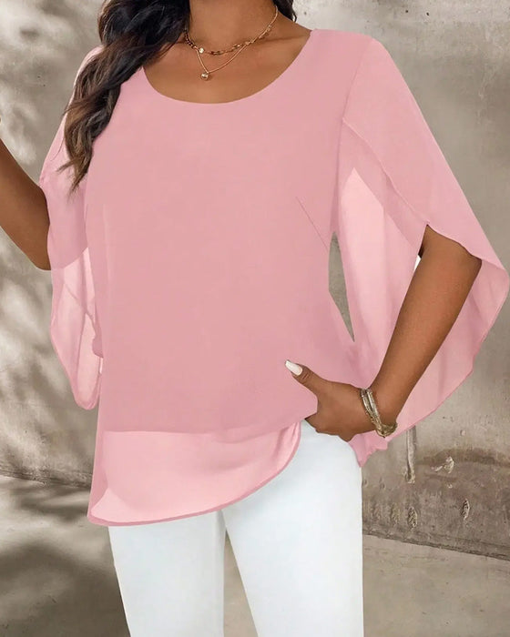 Blus Rundhalsad Oregelbunden Solid