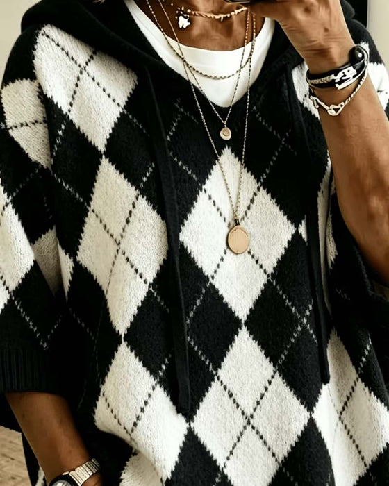 Pullover Plaid Huva Tre-Kvarts Ärm