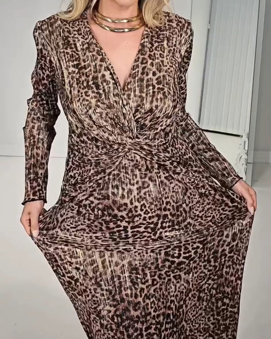Klänning V-Hals Kors Leopardmönster Rynkad