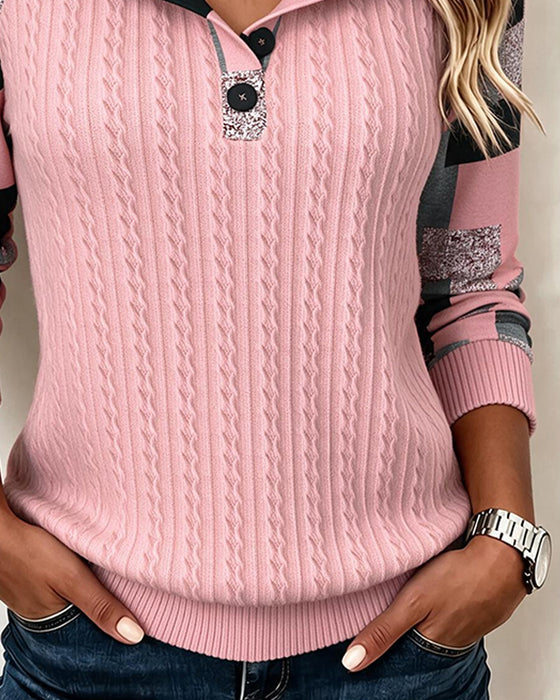 Sweatshirt Färgblock Henley Krage Långärmad Knappad