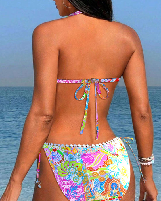 Färgglad tryckt patchwork halterneck bikini i spets