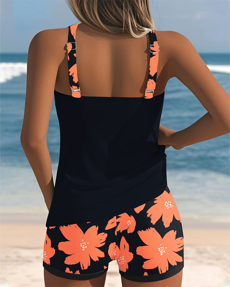 Tankini U-Hals Ärmlös Tryckt Boxertrosa