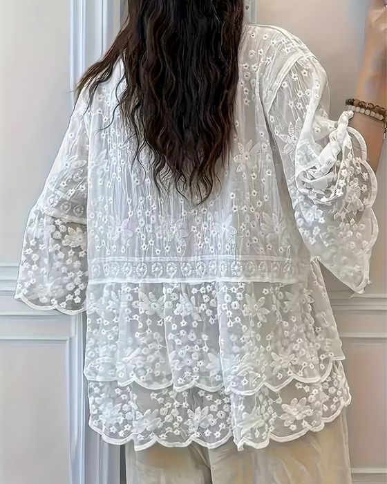 Blus Kort Ärm Spets Trim