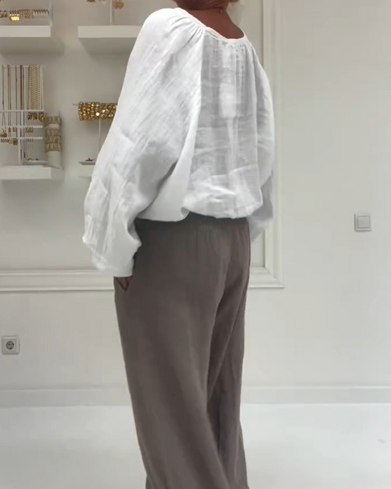 Blus 100 % Bomull Långärmad Rynkad Knut